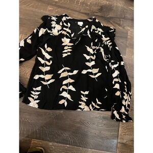 A New Day Womens Black Floral Ruffle Long Sleeve Blouse Medium Leaf Print Top